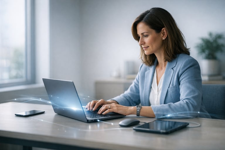 A professional working efficiently with AI automation tools in a clean, modern workspace A professional working efficiently with AI automation tools in a clean, modern workspace